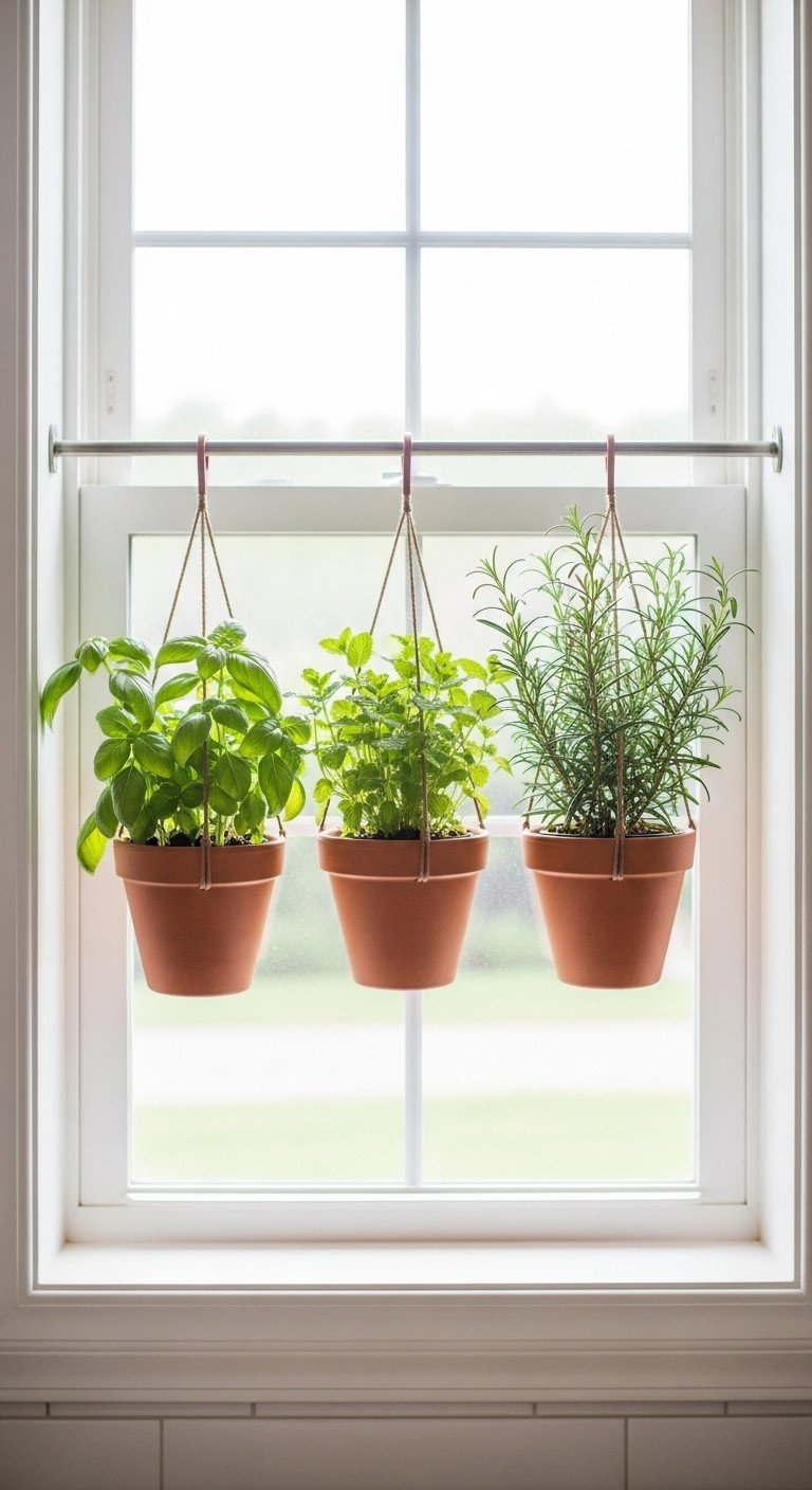 11 Genius Small Kitchen Decor Ideas To Maximize Your Space 18 A DIY hanging herb garden with fresh basil, mint, and rosemary in terracotta pots suspended in a bright kitchen window.