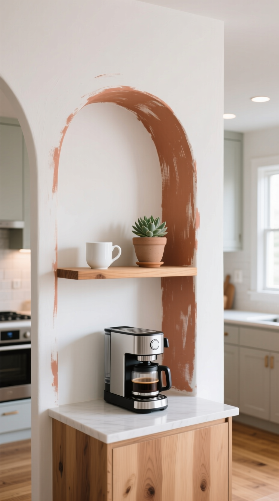 11 Diy Kitchen Wall Decor Ideas That Look High End 3 A DIY painted terracotta arch on a white kitchen wall creates a minimalist backdrop for a small coffee station with a wooden shelf.