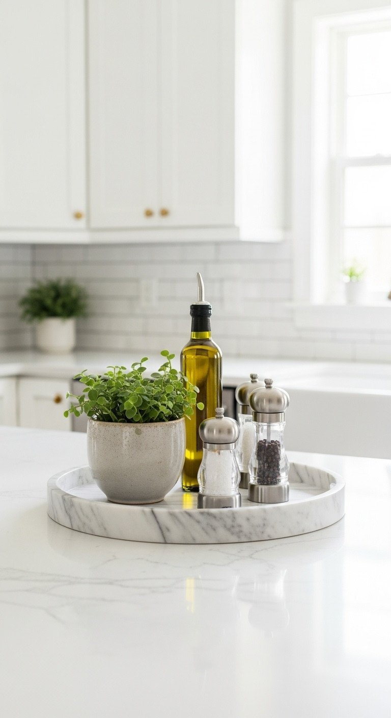 A Pinterest-style marble tray with a plant, olive oil, and shakers styled on a light gray quartz kitchen countertop.