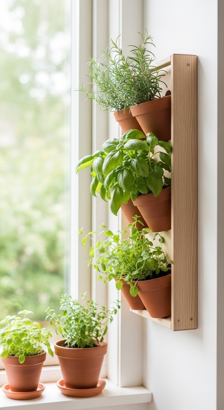 A Scandinavian-style vertical herb garden made of light wood with terracotta pots of basil and mint on a white kitchen wall.