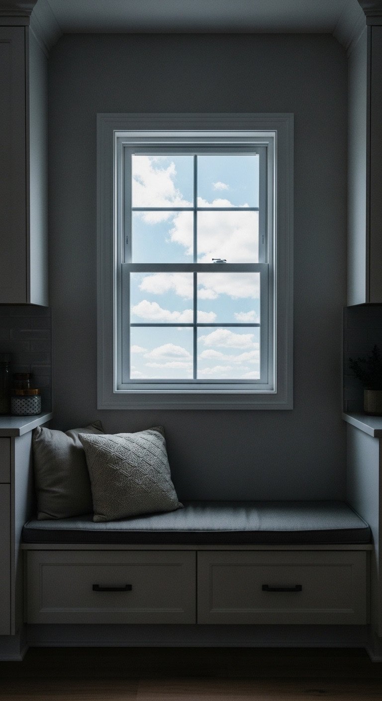 13 Decor Secrets To Make Your Dark Kitchen Feel Brighter 25 A backlit LED panel framed as a faux window displays a sunlit sky, brightening a dark, windowless kitchen wall.