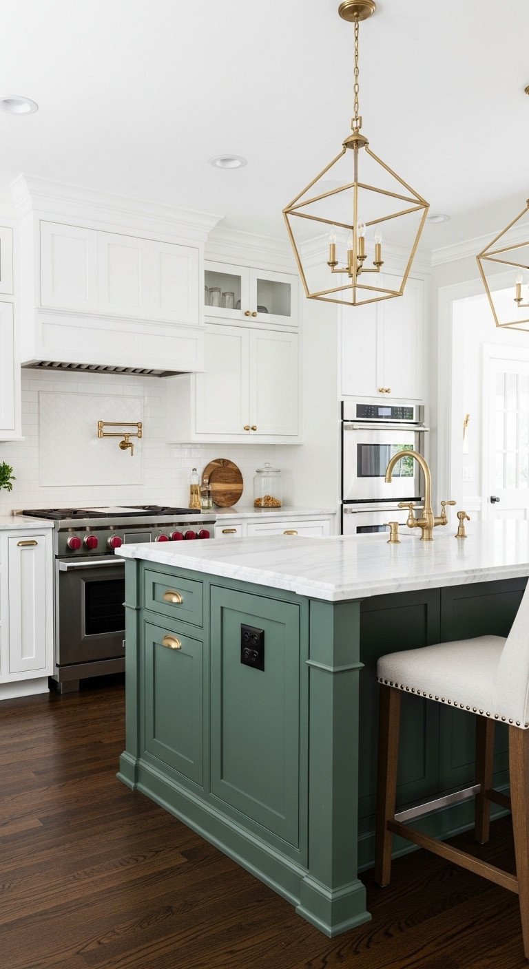 A beautiful two-tone kitchen with a large, moody sage green island, white marble top, and crisp white cabinets.