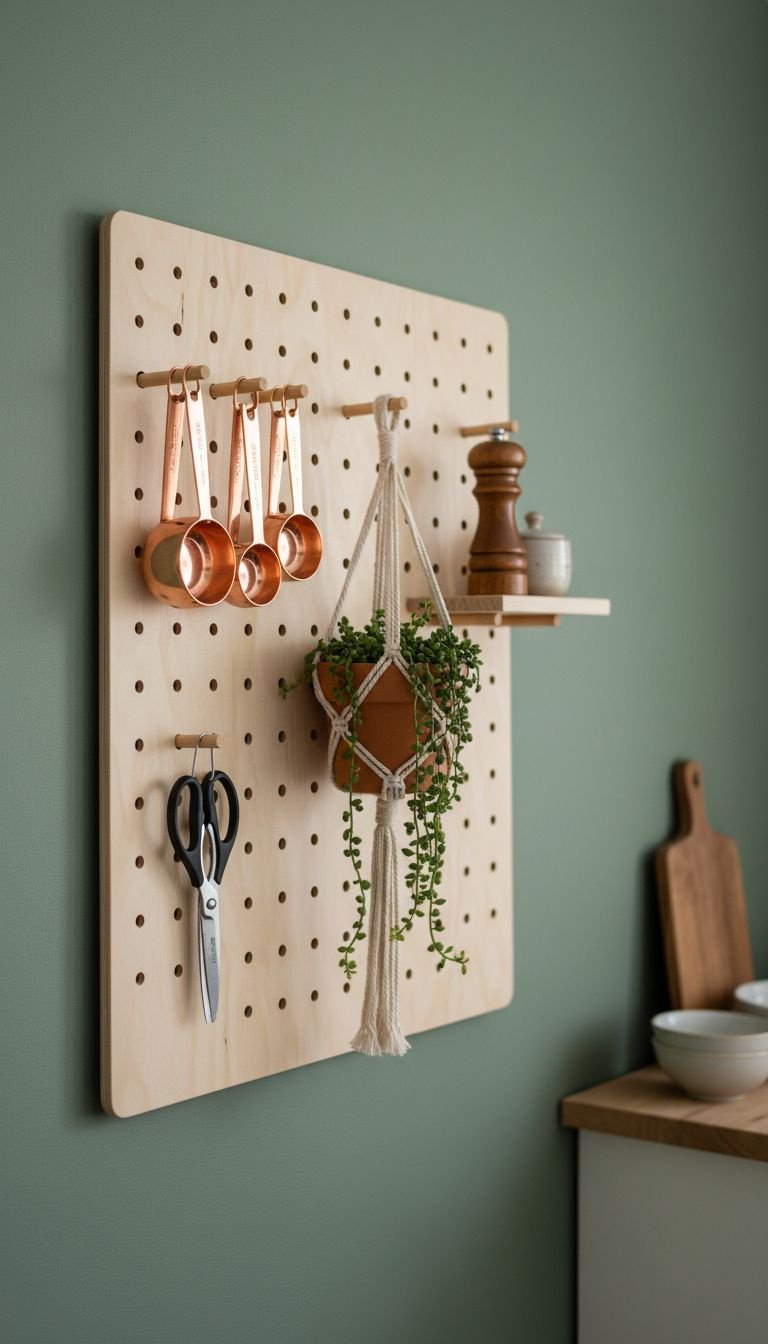 13 Minimalist Kitchen Wall Decor Ideas For Every Style 9 A birch plywood pegboard kitchen organizer on a dark green wall with copper measuring cups and a small hanging macrame plant.