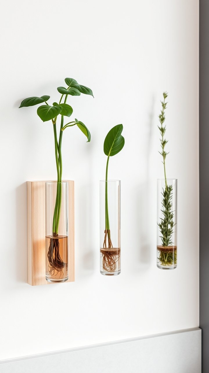 A birch plywood pegboard wall organizer with shelves holding colorful succulent pots, hooks, and baskets for kitchen storage.