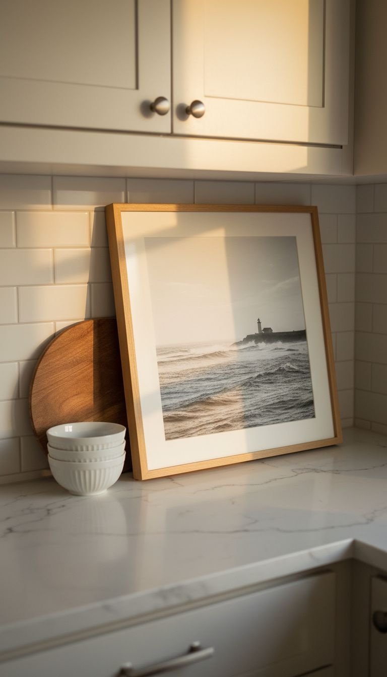 13 Minimalist Kitchen Wall Decor Ideas For Every Style 7 A black and white coastal photo in a light wood frame leans on a marble kitchen counter against a white subway tile wall.