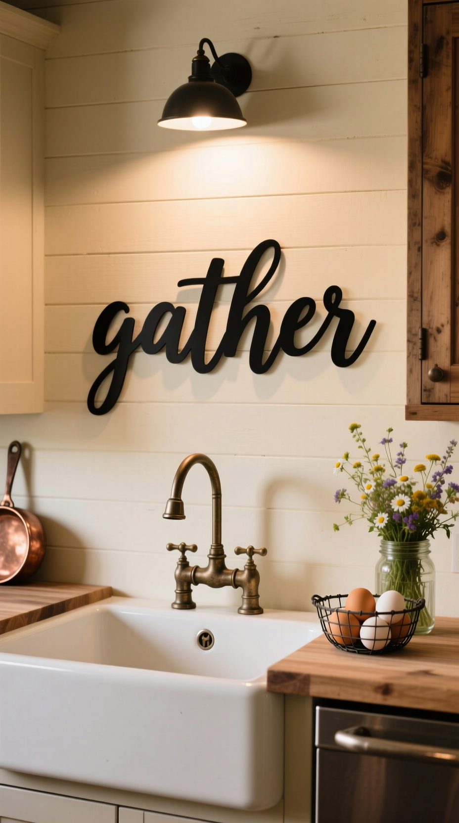 Genius Kitchen Wall Decor Ideas To Elevate Your Sink 10 A black metal 'gather' sign mounted on a cream shiplap wall above a white farmhouse sink in a rustic country kitchen.