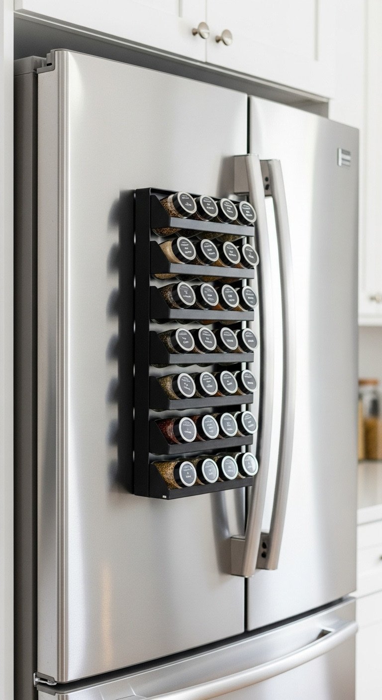A black metal magnetic spice rack with uniform glass jars attached to the side of a stainless steel refrigerator for storage.
