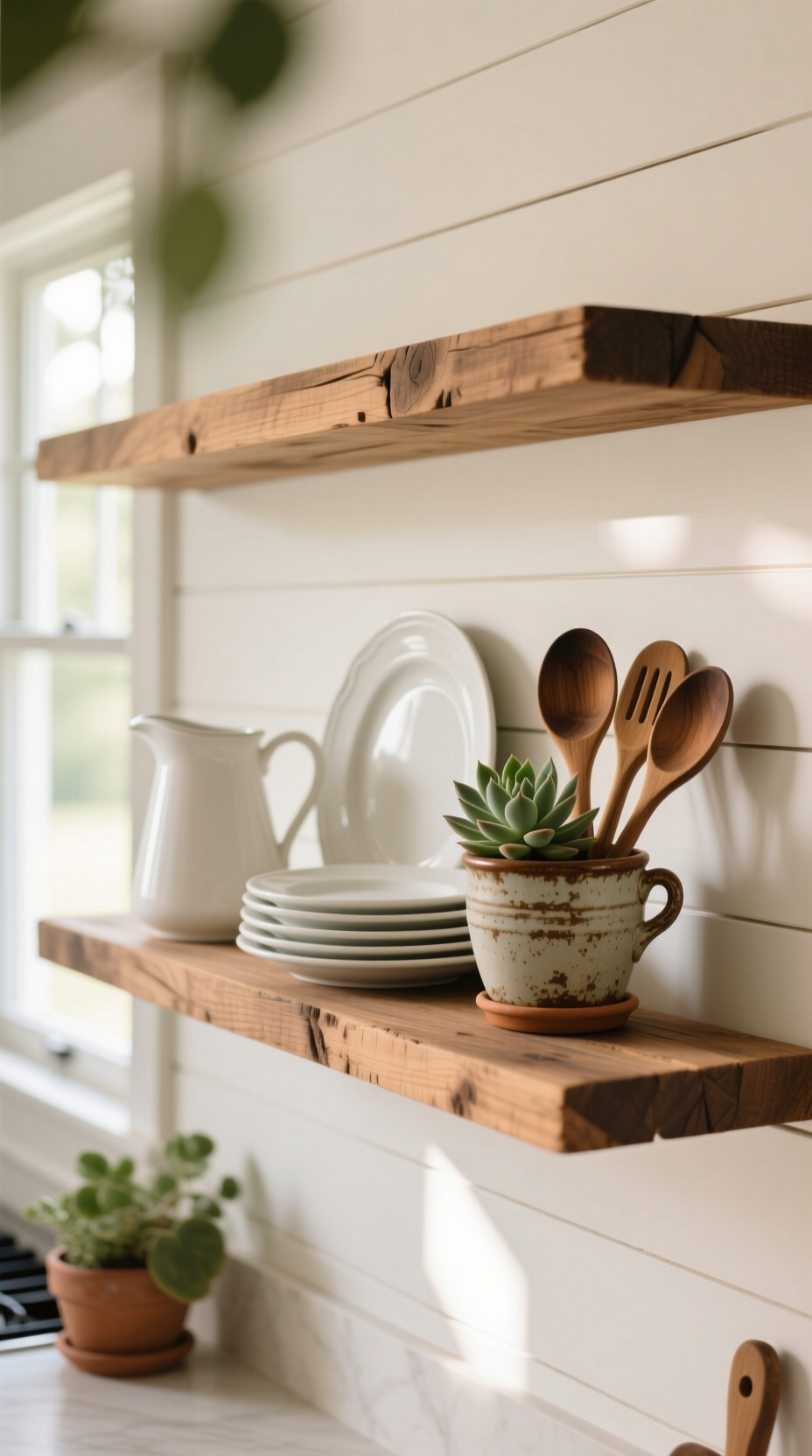 A black picture ledge mounted on a white wall creates a gallery display with overlapping framed art and a tiny trailing plant.