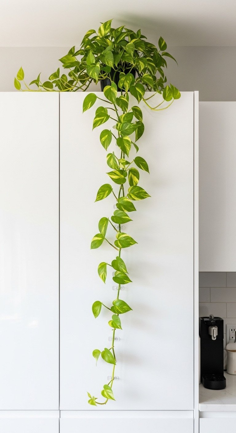A black wire grid panel on a red brick wall, organized with hanging plants and kitchen utensils in an industrial-loft kitchen.
