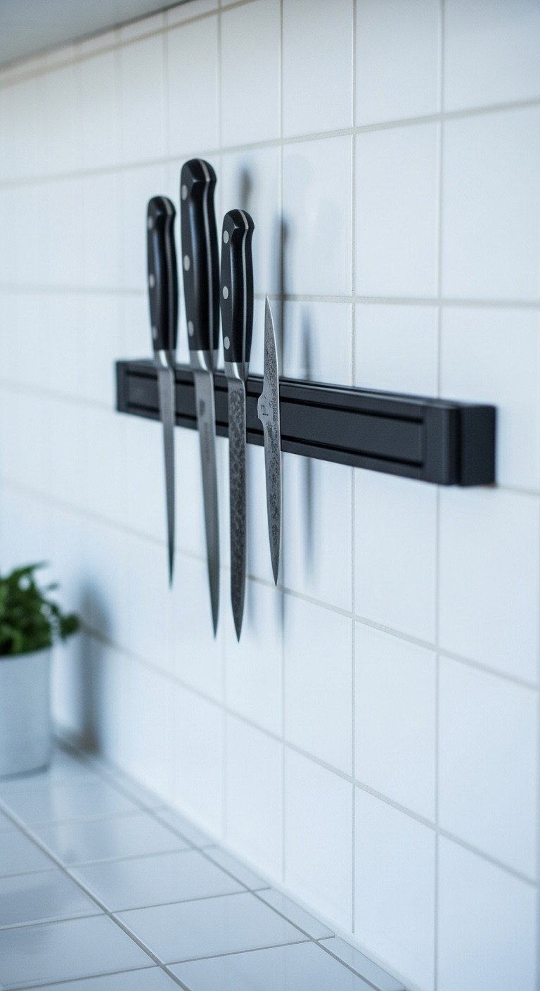 A black wrought iron magnetic knife strip is mounted on a kitchen backsplash, securely holding a set of rustic-style knives.
