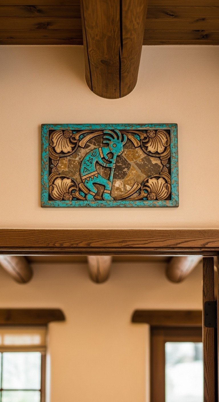 A carved wooden Kokopelli wall sign with turquoise inlay and a distressed finish hangs above a doorway in a cozy kitchen.