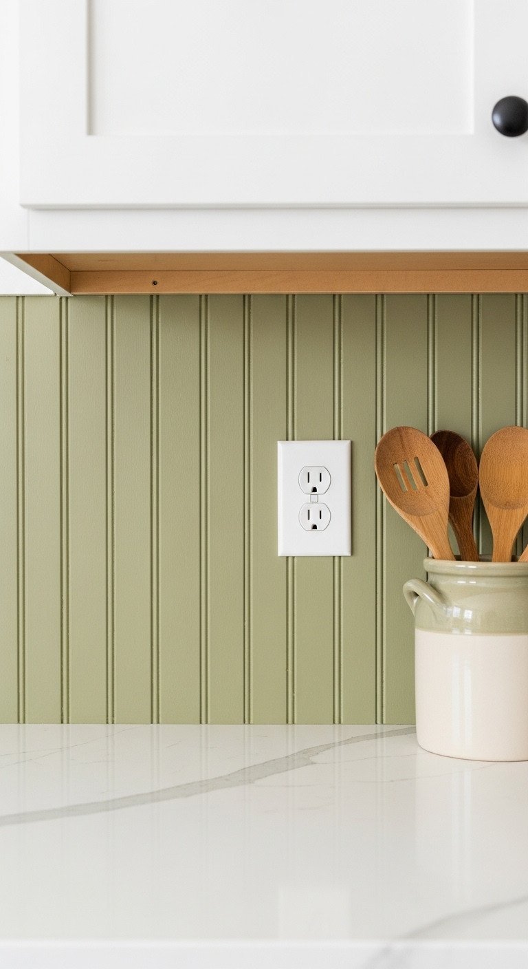 A charming cottage-style kitchen with an olive green vertical beadboard backsplash above a simple white countertop.