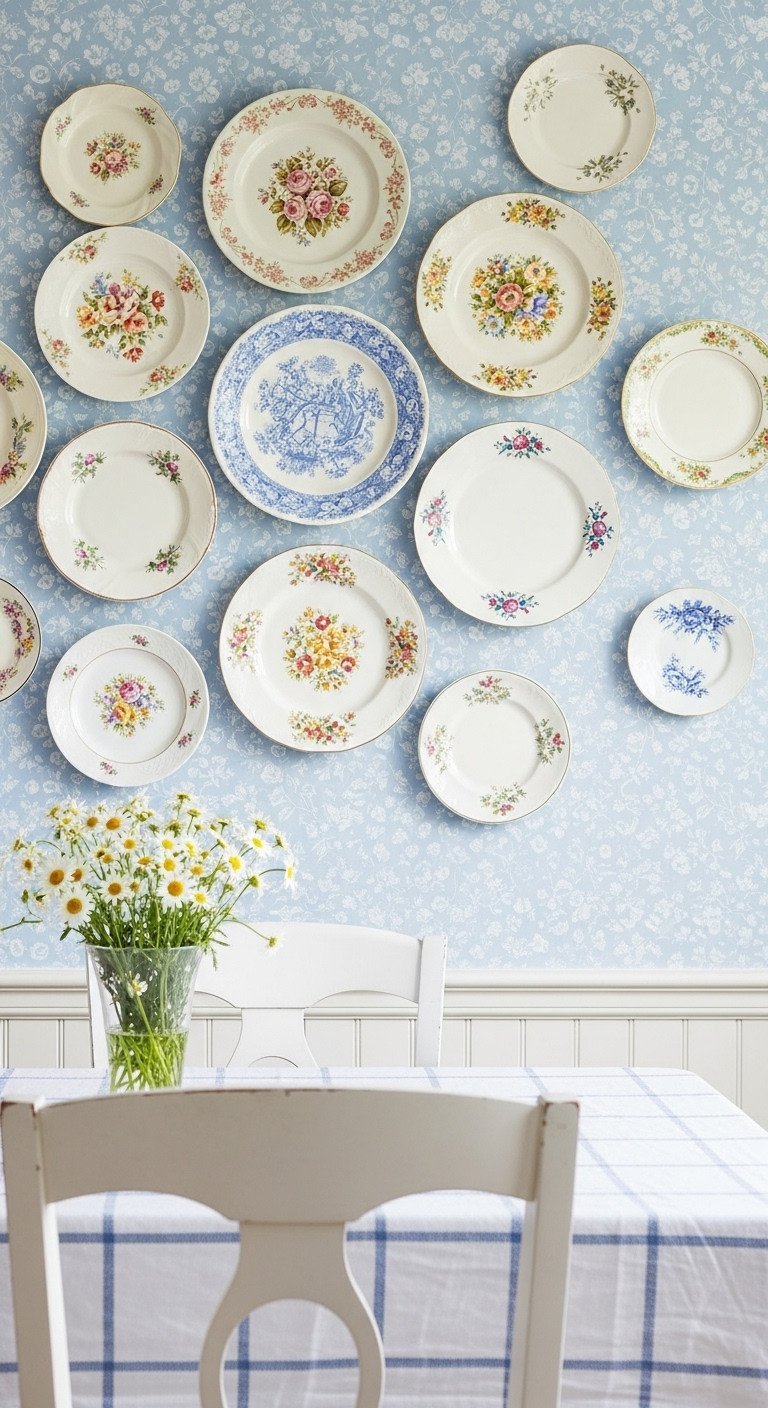 A charming wall arrangement of vintage patterned ceramic plates hangs on light blue floral wallpaper in a country-style kitchen.