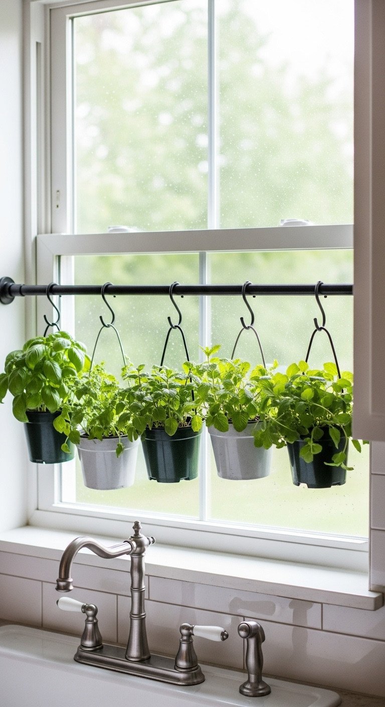 A clever kitchen storage hack using a black tension rod in a window to hang small pots of fresh herbs over the sink.