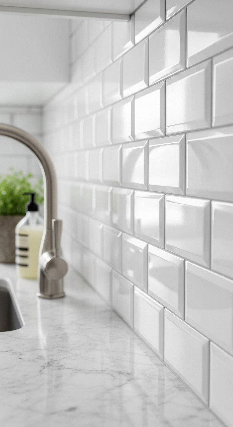 A close-up of a glossy white 3D peel-and-stick subway tile backsplash installed above a modern marble countertop.