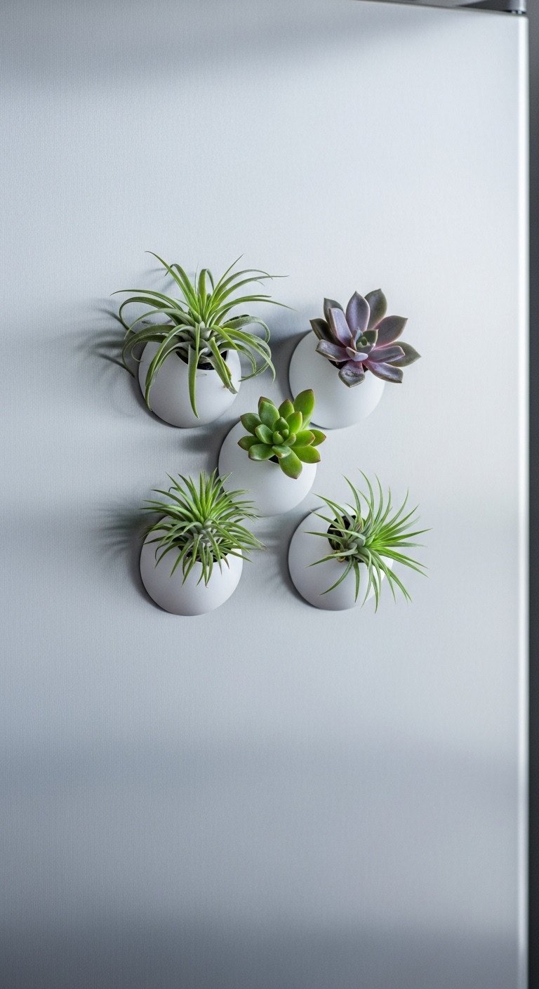 A close-up of small, white magnetic planters with air plants and succulents creating a tiny vertical garden on a refrigerator.