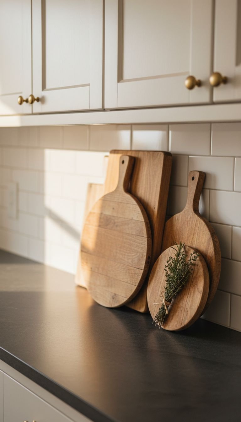 A collection of antique wooden cutting boards with a rich patina lean against a white subway tile backsplash on a kitchen counter.