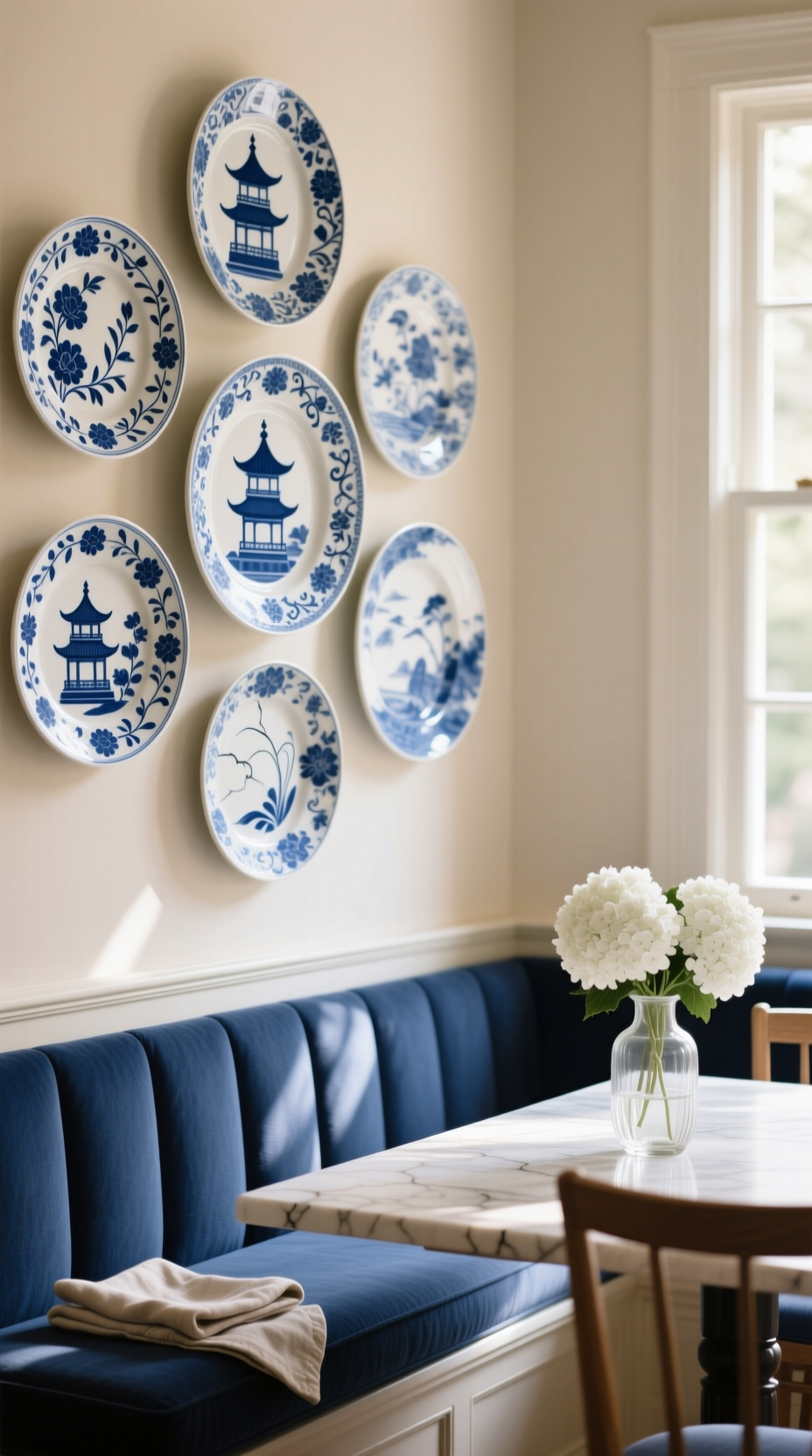 A collection of blue and white chinoiserie decorative plates arranged in a cluster on a beige dining nook wall.