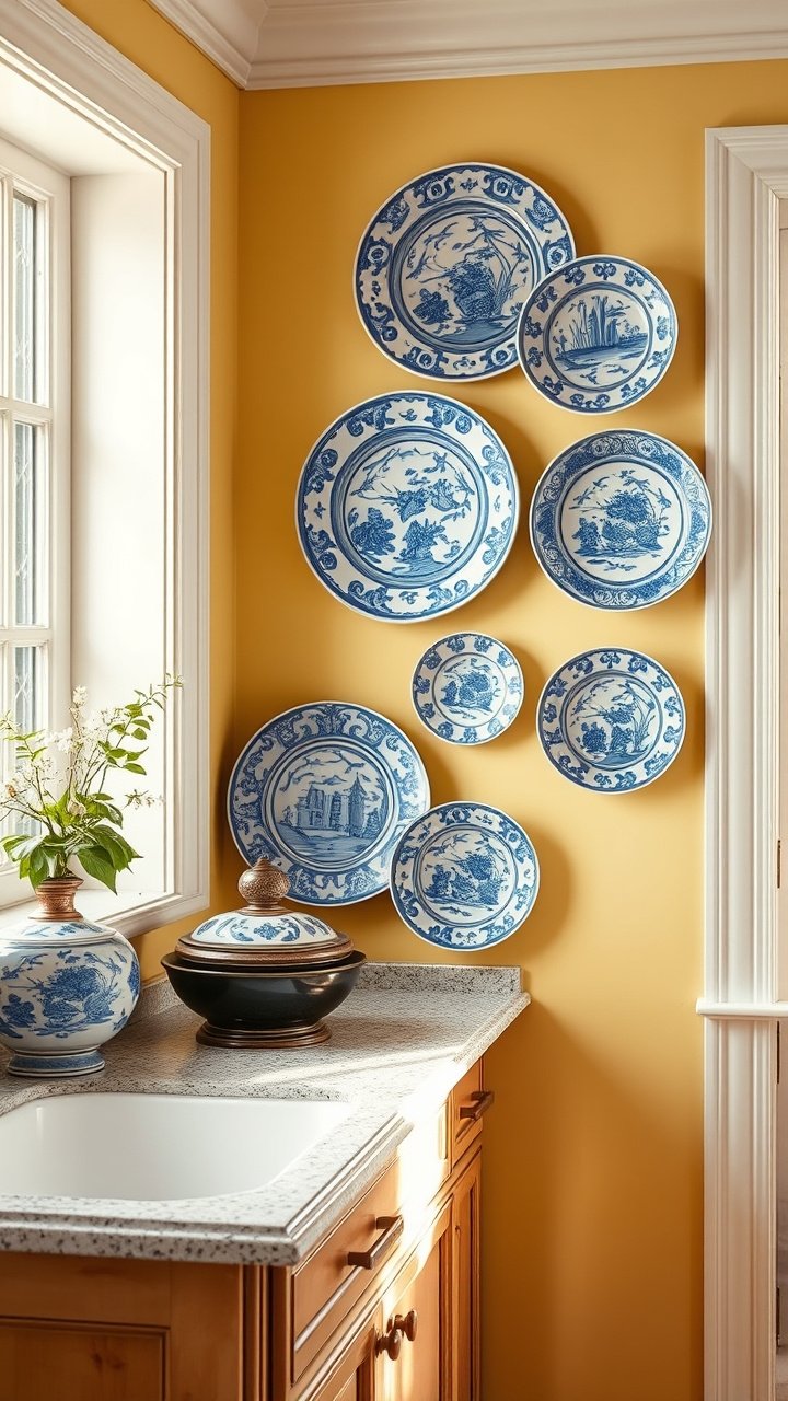 9 Brilliant Kitchen Wall Art Ideas And How To Hang Them 13 A collection of blue and white chinoiserie decorative plates arranged in a cluster on a butter-yellow wall in a classic kitchen.