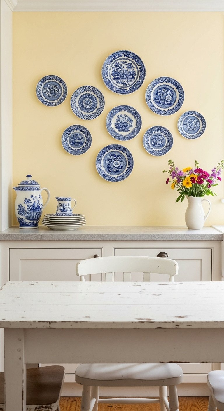 A collection of blue and white vintage ceramic plates arranged on a pale yellow wall above a farmhouse table in a cottage kitchen.