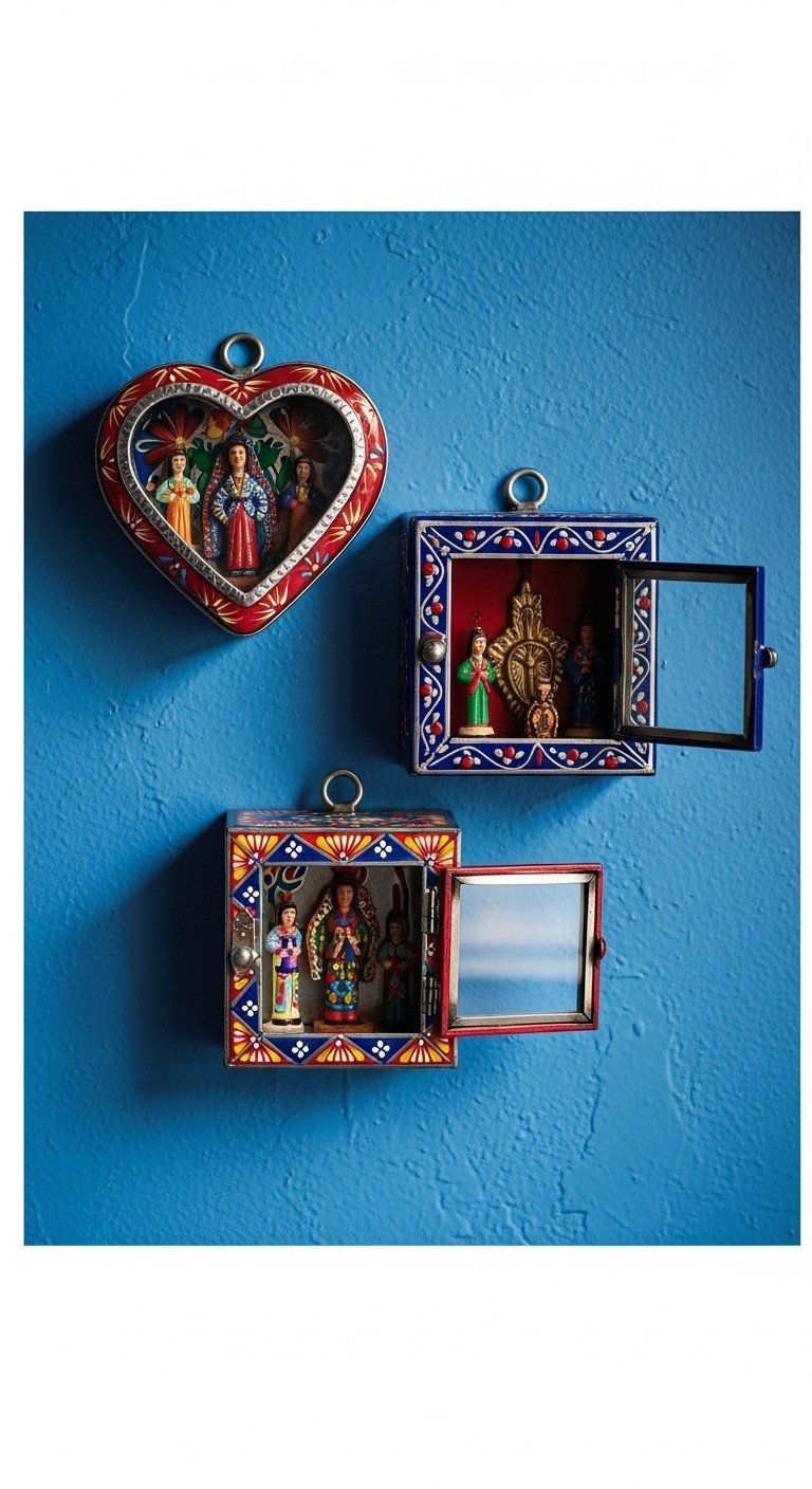 11 Stunning Mexican Kitchen Decor Ideas For A Tasteful Home 11 A collection of colorful Mexican Nicho boxes with tin frames and folk art figures displayed on a vibrant cobalt blue wall.