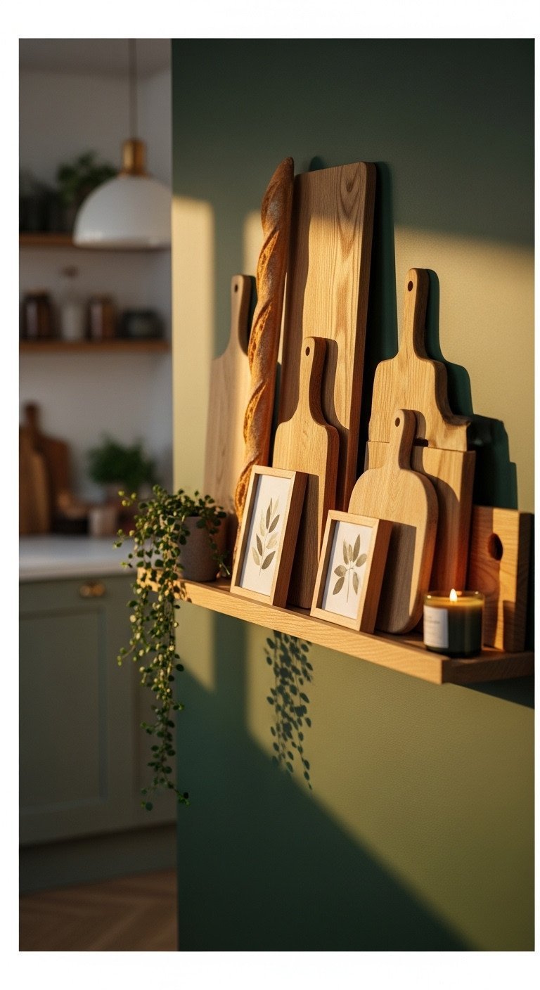 A collection of cutting boards and small art displayed on an oak picture ledge against a dark green kitchen wall.