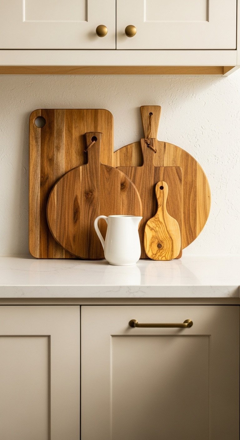 A collection of layered wooden cutting boards in acacia, walnut, and olive tones displayed above cream-colored kitchen cabinets.
