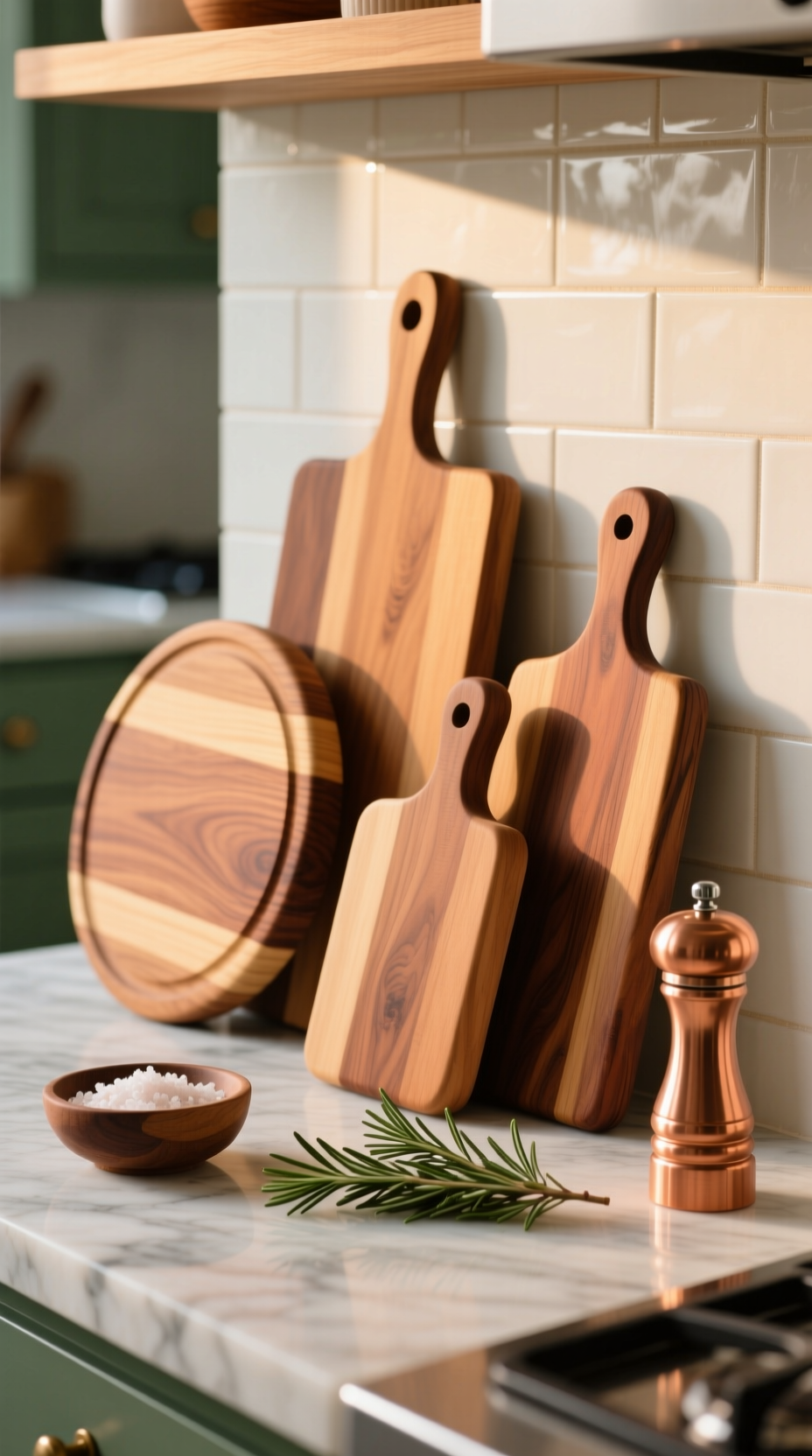 A collection of layered wooden cutting boards in various shapes and tones leaning on a kitchen's marble countertop.