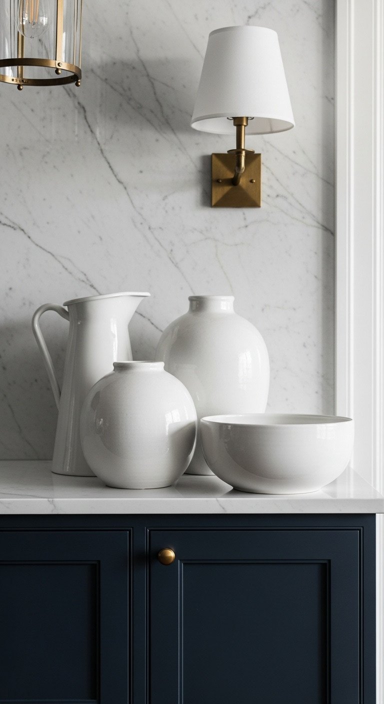 A collection of matte white ceramic pottery, including a pitcher and vase, styled above dark navy blue kitchen cabinets.