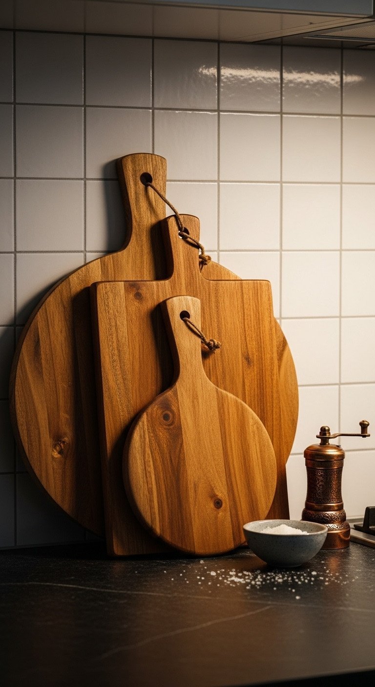 A collection of three acacia wood cutting boards styled on a dark soapstone countertop in a rustic Scandinavian kitchen.