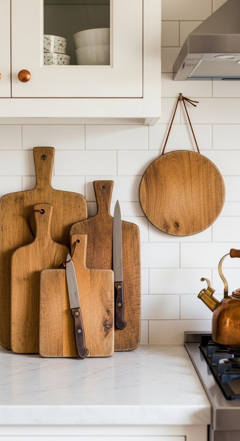 A collection of vintage wooden cutting boards in various shapes and tones leaning against a white subway tile backsplash.
