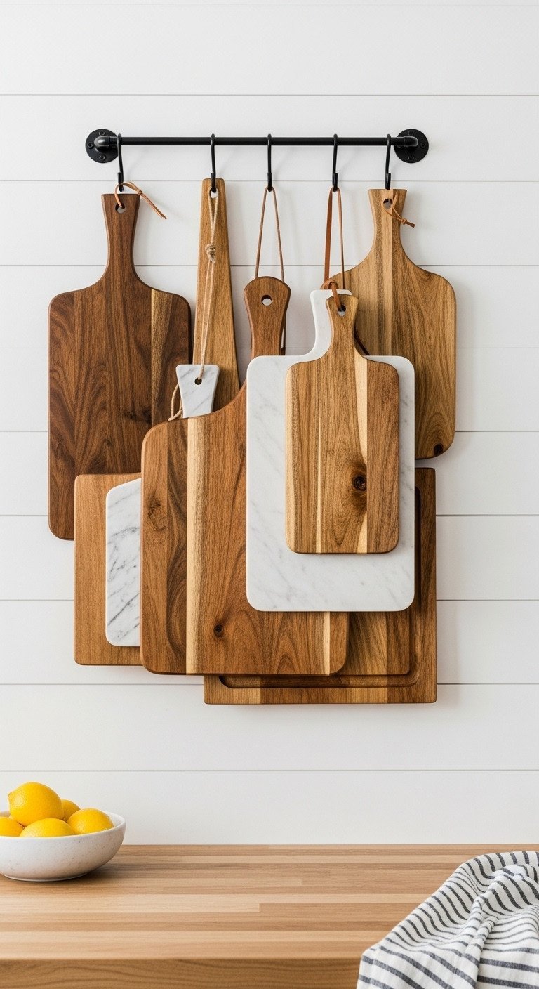 11 Smart Empty Kitchen Wall Ideas For Style And Storage 11 A collection of wood and marble cutting boards hanging from a black metal rail on a white shiplap kitchen wall.
