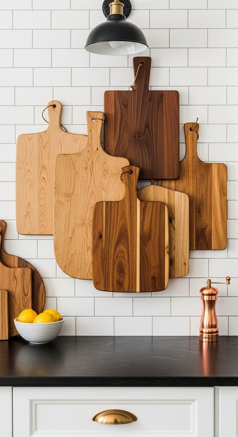 A collection of wooden cutting boards in various tones hanging as decor on a white subway tile kitchen wall.
