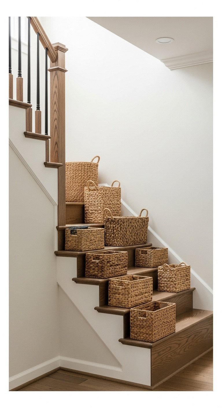 A collection of woven baskets cascades in a stair-step pattern down a staircase wall, following the angle of the railing.