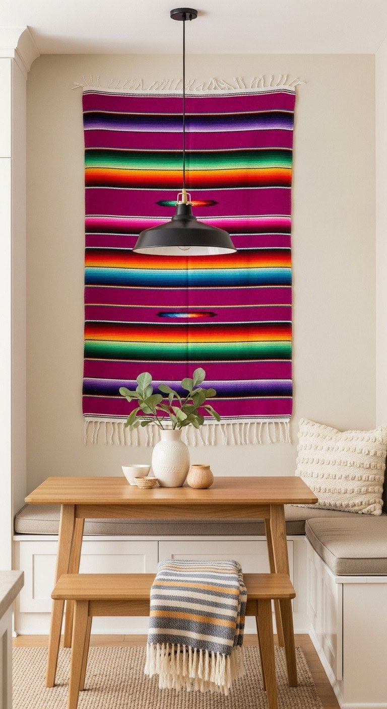 11 Stunning Mexican Kitchen Decor Ideas For A Tasteful Home 15 A colorful striped Mexican serape blanket used as a large wall hanging behind a wooden table in a cozy dining nook.
