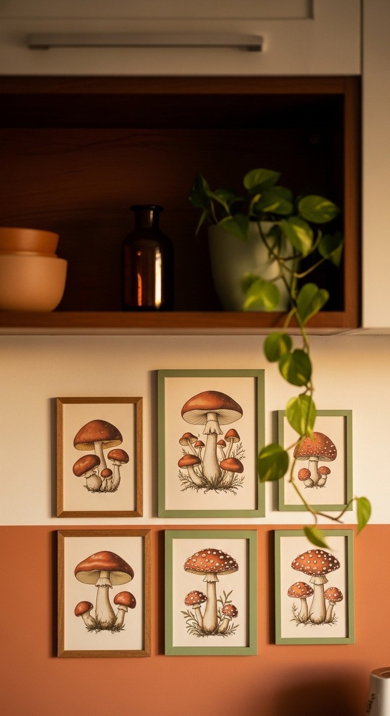 A cozy gallery wall of framed vintage mushroom illustrations hangs on an earthy terracotta wall in a 1970s-inspired kitchen.