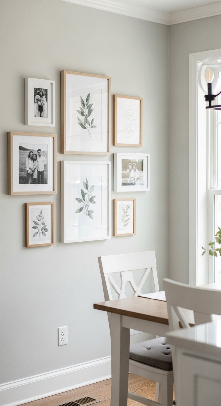 A curated gallery wall in a kitchen with black, white, and wood frames holding photos and botanical prints on a gray wall.