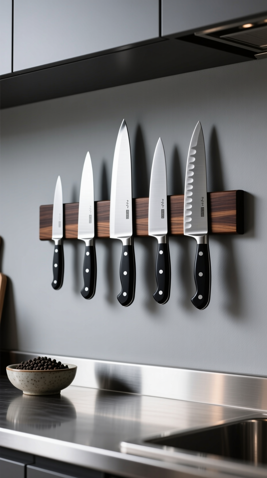 A dark wood magnetic knife strip holding professional knives on a matte gray wall in a modern, organized kitchen.