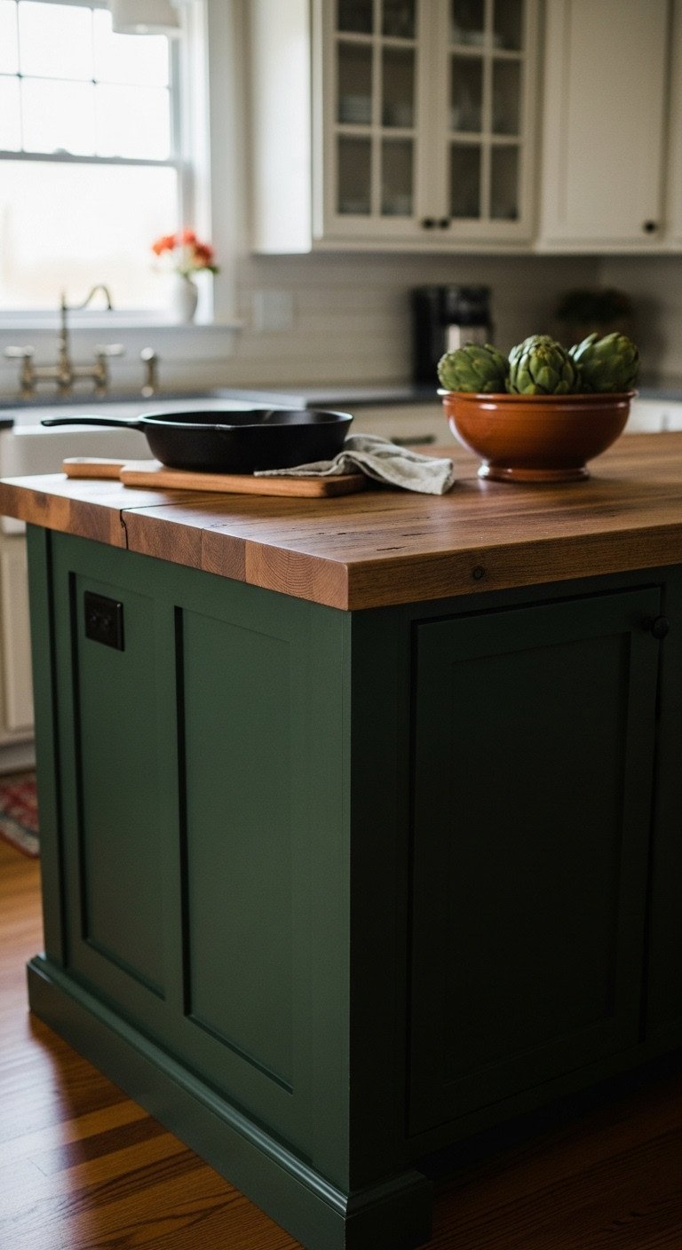 A deep forest green rustic kitchen island with a reclaimed wood top, shown in a cozy, eye-level close-up shot for design ideas.