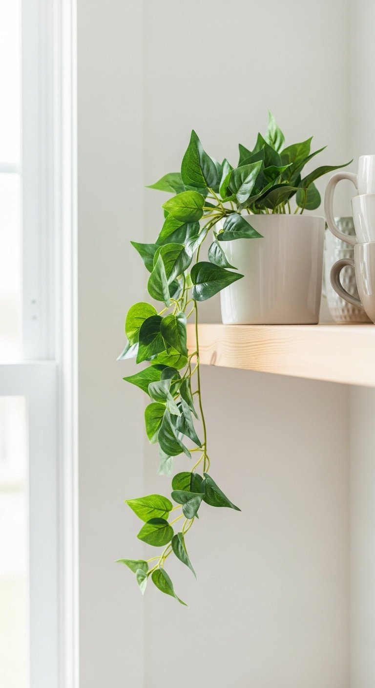 A faux pothos plant in a white ceramic pot trails green leaves over a natural pine wood shelf next to stacked mugs.