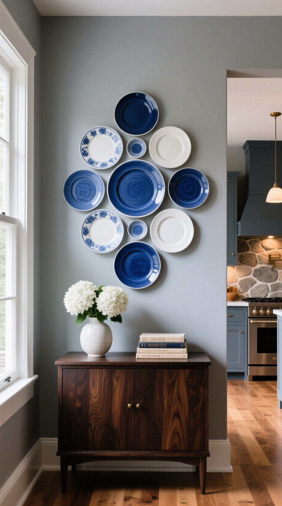 How To Hang Plates On A Wall A Step By Step Visual Guide 13 A finished DIY plate wall with blue and white plates in an organic cluster above a dark wood sideboard in a kitchen.