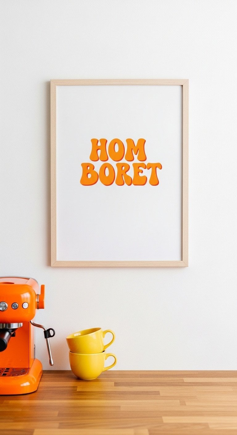A framed art print with a bold, 1970s-style groovy font hangs on the wall of a colorful and modern kitchen coffee station.