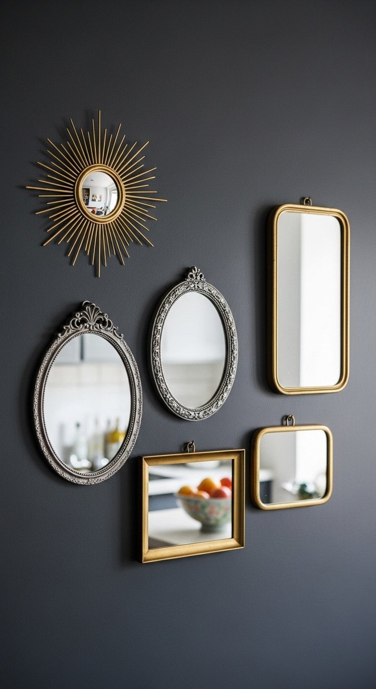 A gallery wall collection of vintage mirrors in ornate gold and silver frames on a charcoal gray wall in a maximalist kitchen.