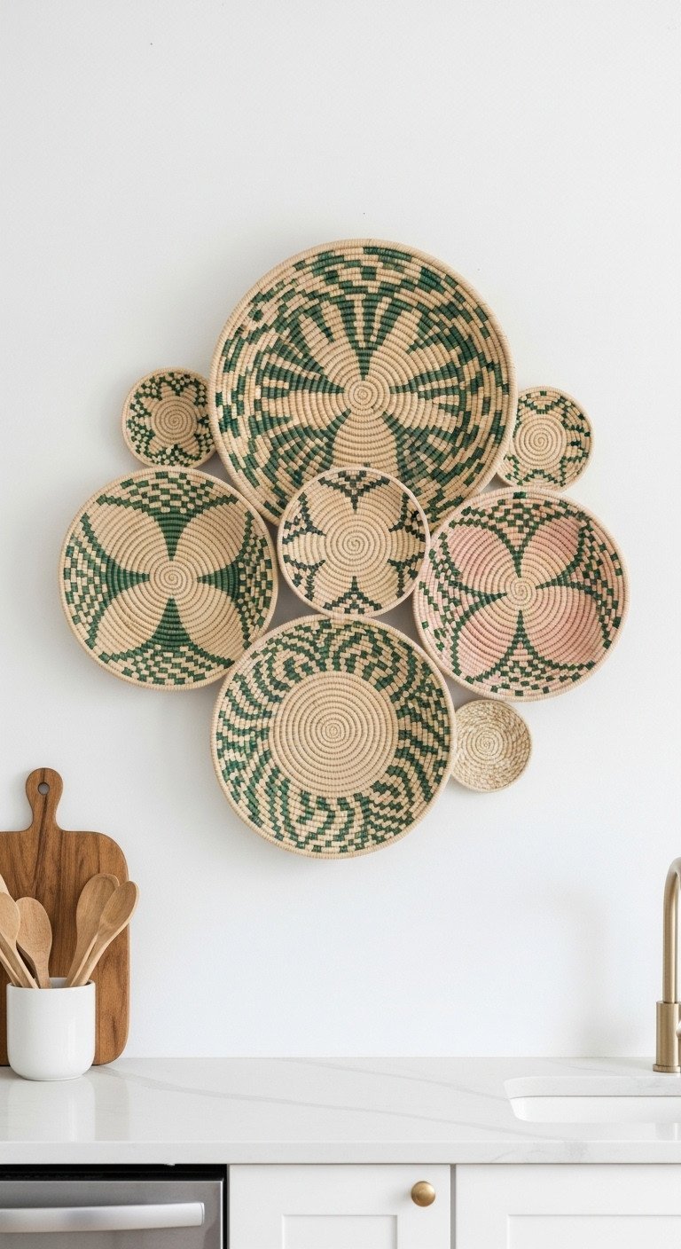 11 Stunning Mexican Kitchen Decor Ideas For A Tasteful Home 13 A gallery wall of five round woven palm baskets with pink and green geometric patterns, creating a bohemian wall feature.