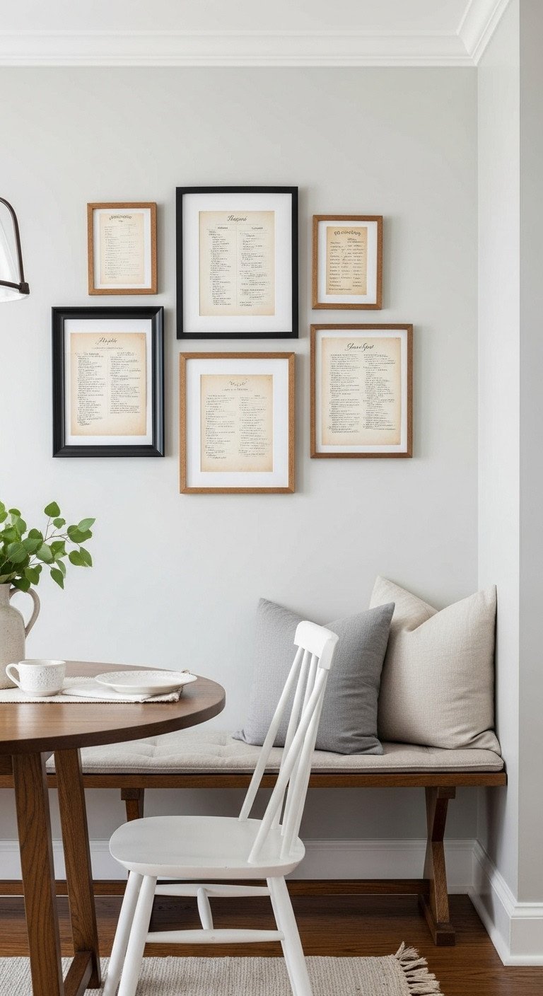 Create Beautiful Recipe Wall Art That Preserves Family Heirlooms 3 A gallery wall of framed handwritten recipes in mixed wood and black frames hangs in a bright kitchen dining nook.