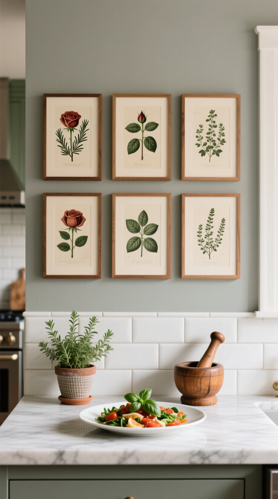 Stunning Vintage Kitchen Decor Ideas For A Charming Home 5 A gallery wall of six framed vintage botanical herb prints hangs on a greige wall above a white marble kitchen countertop.