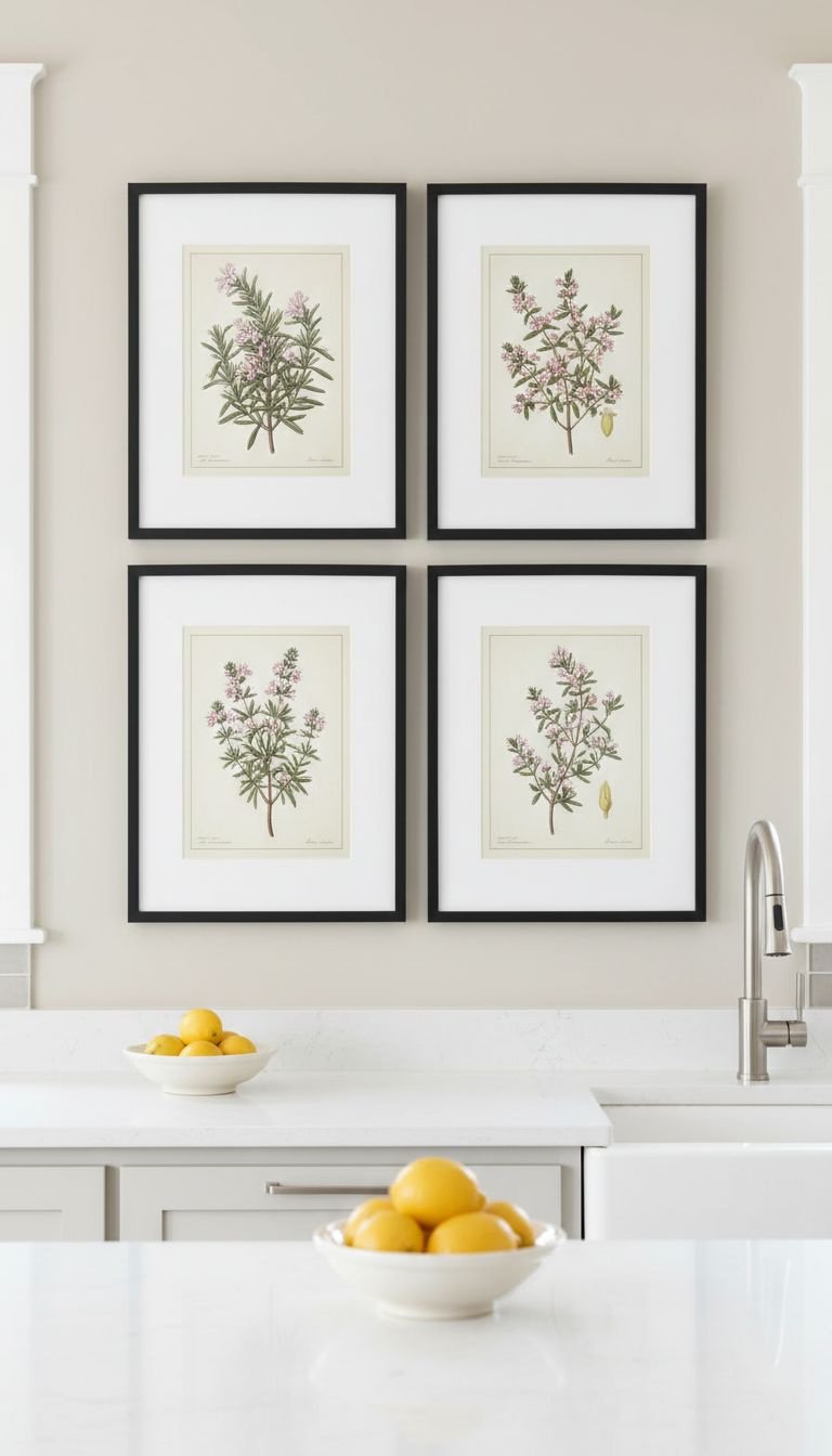 A gallery wall of six vintage botanical herb prints in black frames on a light beige wall above a white quartz kitchen counter.
