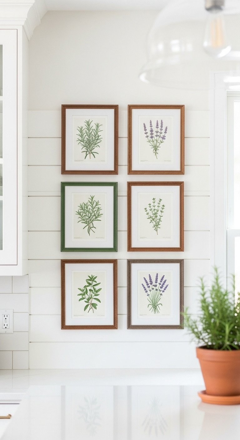 13 Stunning French Country Wall Decor Ideas For Your Kitchen 5 A gallery wall of six vintage botanical herb prints in dark wood frames on a white shiplap wall in a kitchen.