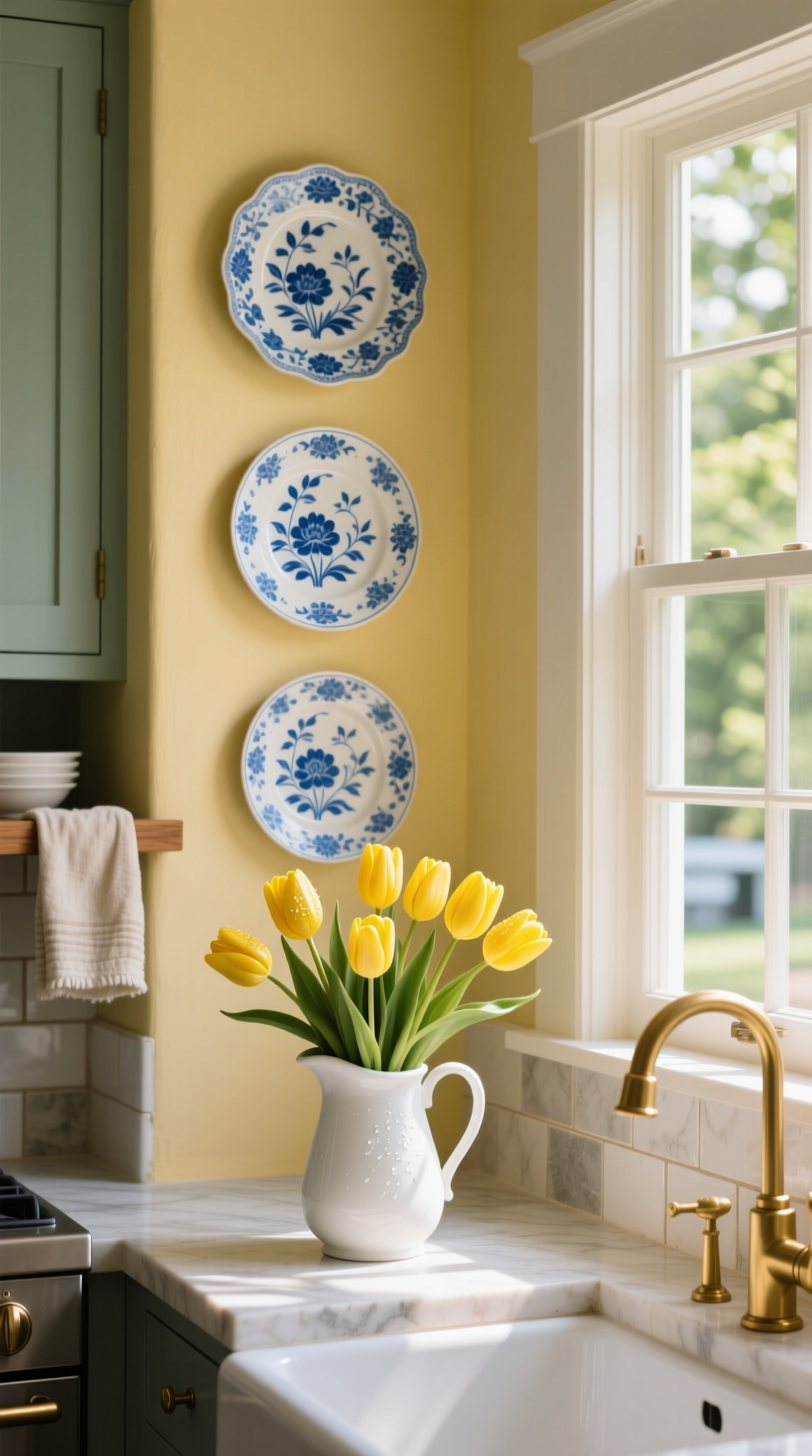Genius Kitchen Wall Decor Ideas To Elevate Your Sink 14 A gallery wall of three blue and white floral chinoiserie vintage plates hangs on a yellow wall above a kitchen sink.