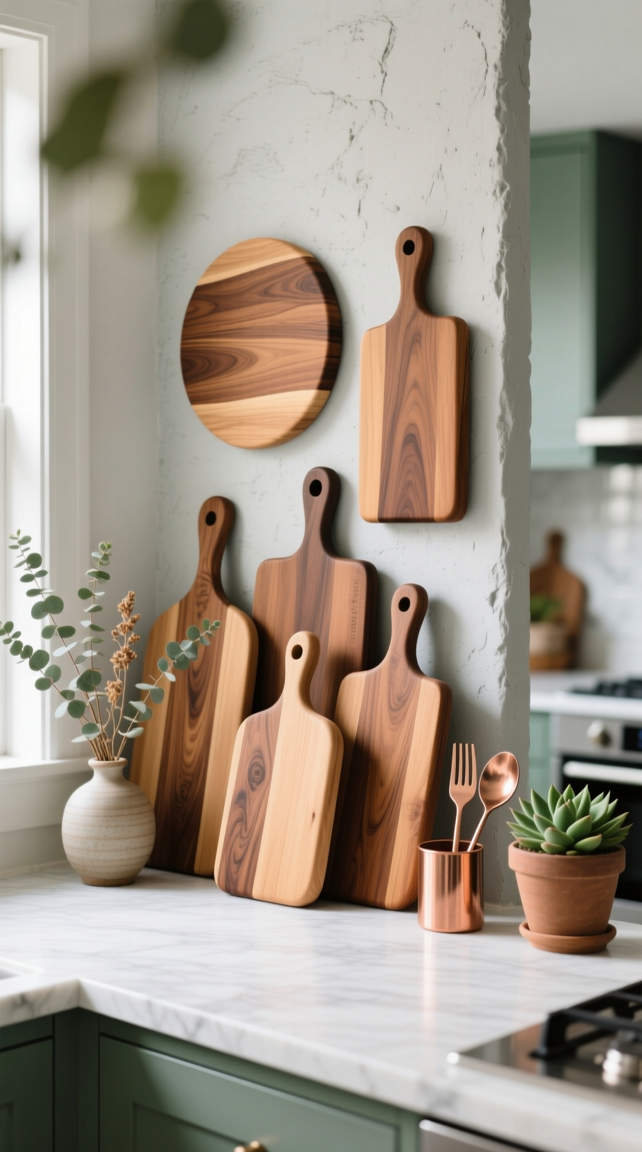 11 Diy Kitchen Wall Decor Ideas That Look High End 1 A gallery wall of various wooden cutting boards hangs in a modern kitchen, creating a warm, stylish DIY wall decor accent.